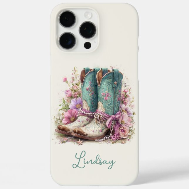 Elegant Teal Boots with Flowers Monogrammed Case-Mate iPhone Case (Back)