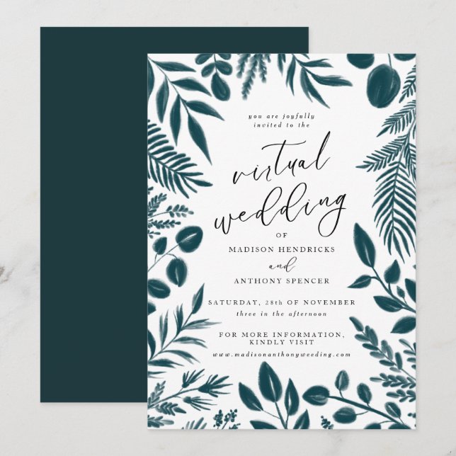 Elegant Teal Botanical Virtual Wedding Invitation (Front/Back)