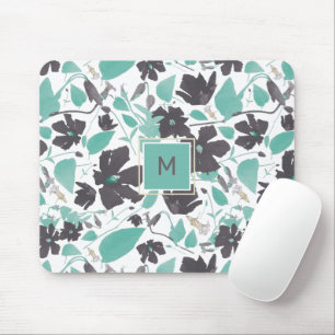 Elegant Teal Brown Floral Pattern With Initial Mouse Mat