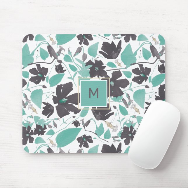 Elegant Teal Brown Floral Pattern With Initial Mouse Mat (With Mouse)