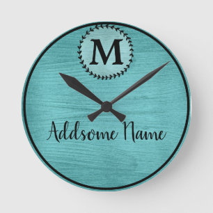 Elegant Teal Brushed Metal Black  monogrammed chic Round Clock