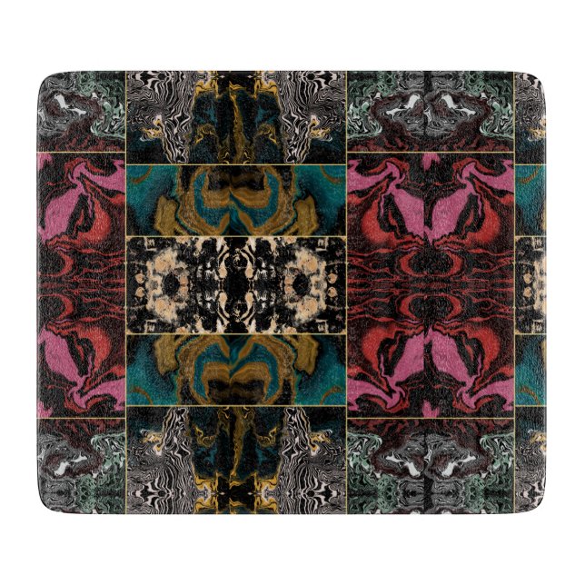 Elegant Teal Burgundy Gold Marble Liquid Abstract Cutting Board (Front)