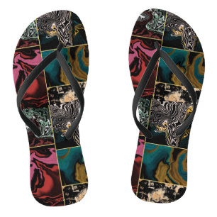Elegant Teal Burgundy Gold Marble Liquid Abstract Flip Flops