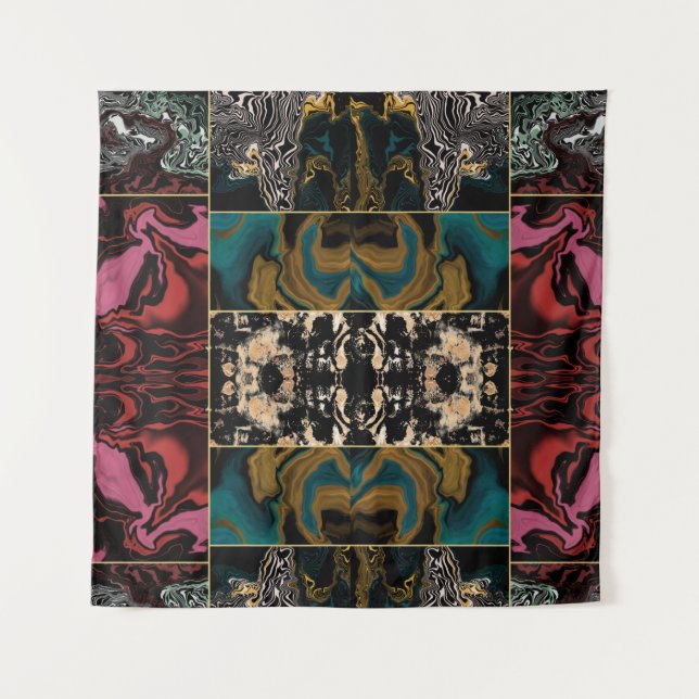 Elegant Teal Burgundy Gold Marble Liquid Abstract Tapestry (Front)