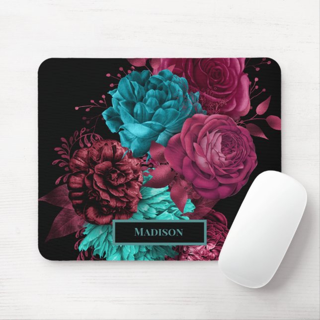 Elegant Teal Burgundy Red Flowers Black Monogram Mouse Mat (With Mouse)