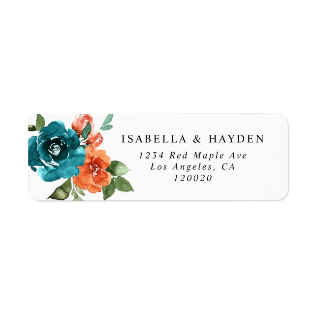 Elegant Teal Burnt Orange Floral Return Address (Front)