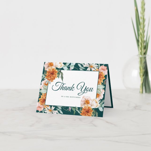 Elegant Teal Burnt Orange Floral Wedding Photo Thank You Card (Front)