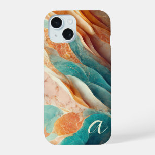 Elegant Teal Burnt Umber Marble Monogrammed Luxury iPhone 15 Case