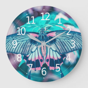 Elegant Teal Butterfly Close-up Wall Clock