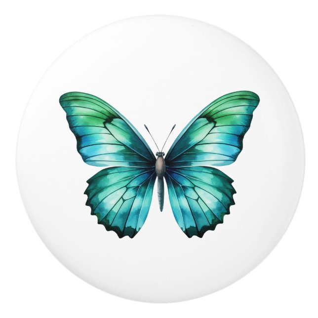 Elegant Teal Butterfly Turquoise Blue Drawer Knob (Front)