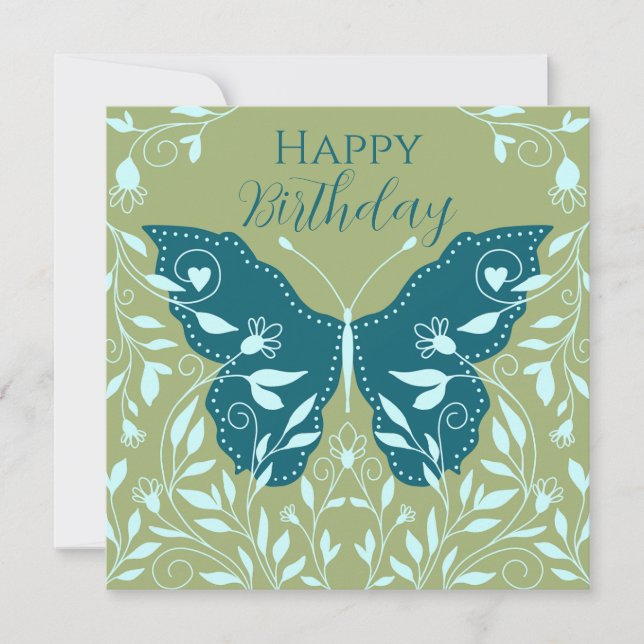 Elegant Teal Butterfly With Vines Happy Birthday   Card (Front)