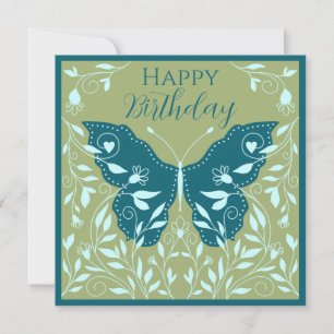 Elegant Teal Butterfly With Vines Happy Birthday   Card