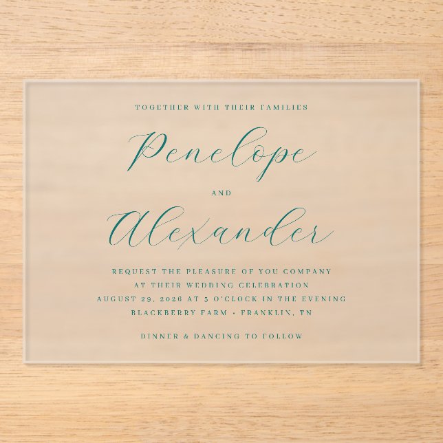 Elegant Teal Calligraphy Acrylic Invitations (Front)