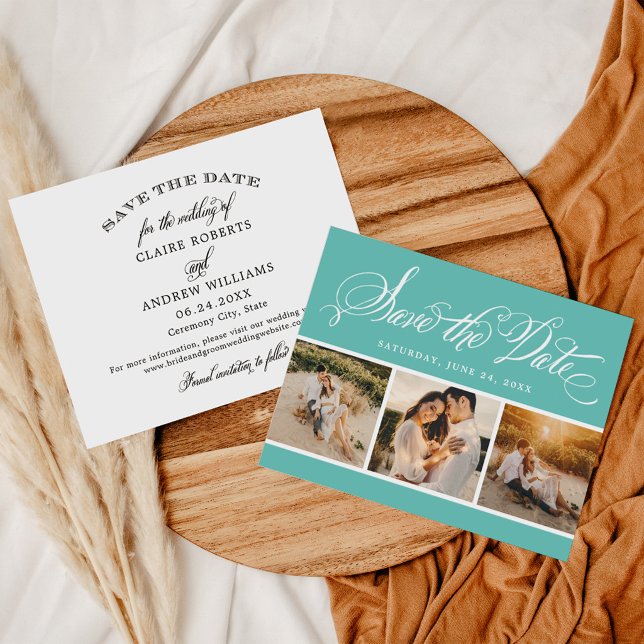 Elegant Teal Calligraphy Three Photo Wedding Save The Date (Creator Uploaded)