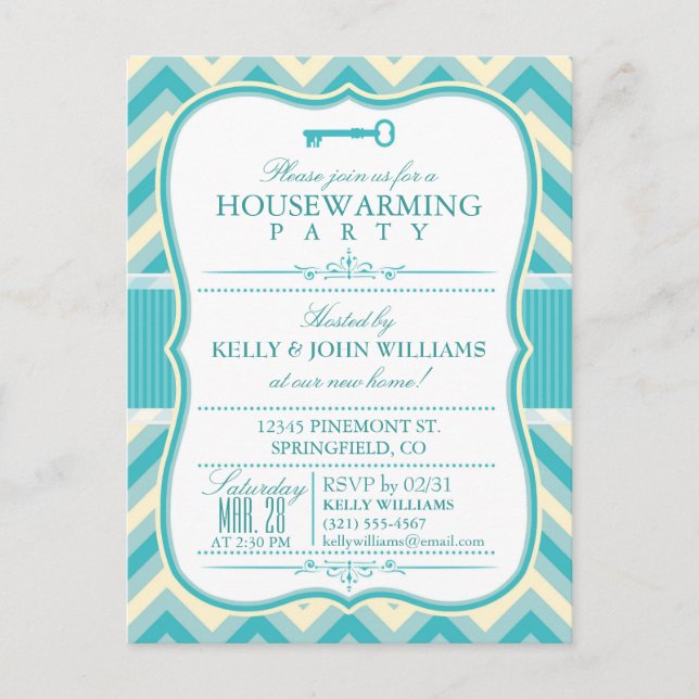 Elegant Teal Chevron Housewarming Postcard Invite (Front)