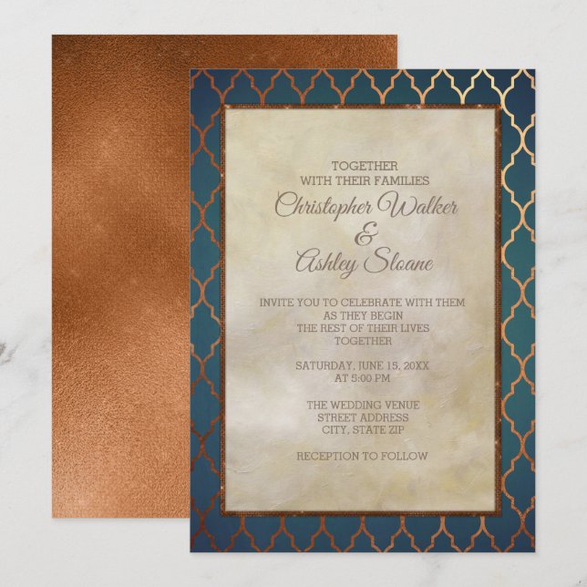 Elegant Teal Copper Wedding Invite (Front/Back)