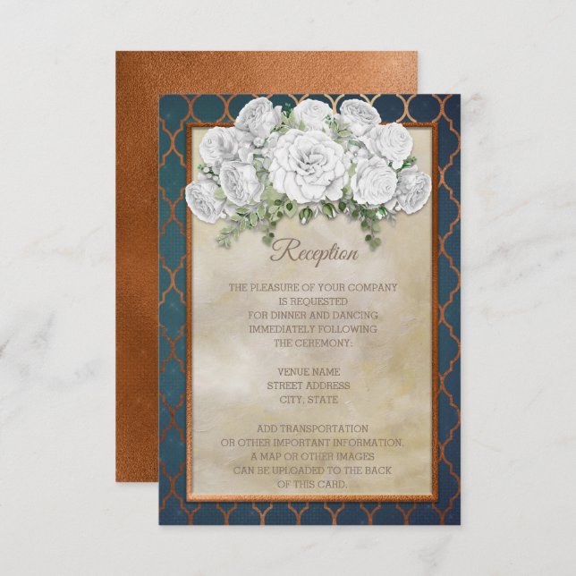 Elegant Teal Copper White Floral Wedding Reception Invitation (Front/Back)