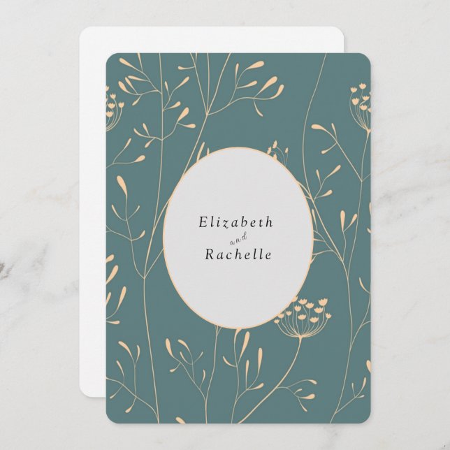 Elegant Teal Cream Flowers Grasses Invitation (Front/Back)