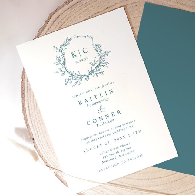 Elegant Teal Crest Classic Formal Wedding Logo Invitation (Elegant teal wedding invitation with vintage crest, monogram, and hand-drawn botanical details)