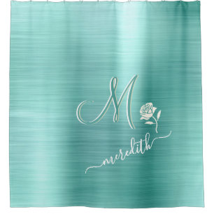Elegant Teal Custom Monogram Name Flower  Shower Curtain
