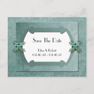Elegant Teal Damask Anniversary Save The Date Announcement Postcard