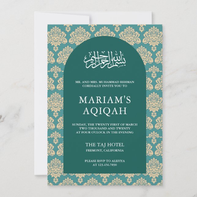 Elegant Teal Damask Arabian Arch Aqiqah Invitation (Front)