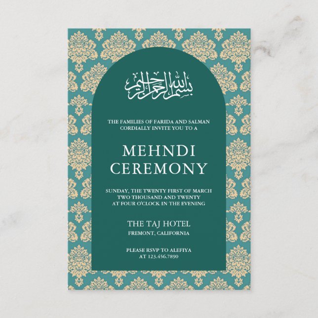 Elegant Teal Damask Arch Islamic Mehndi Ceremony Enclosure Card (Front)