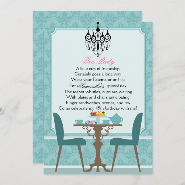 Elegant Teal Damask Birthday Tea Party Invitation (Front/Back)