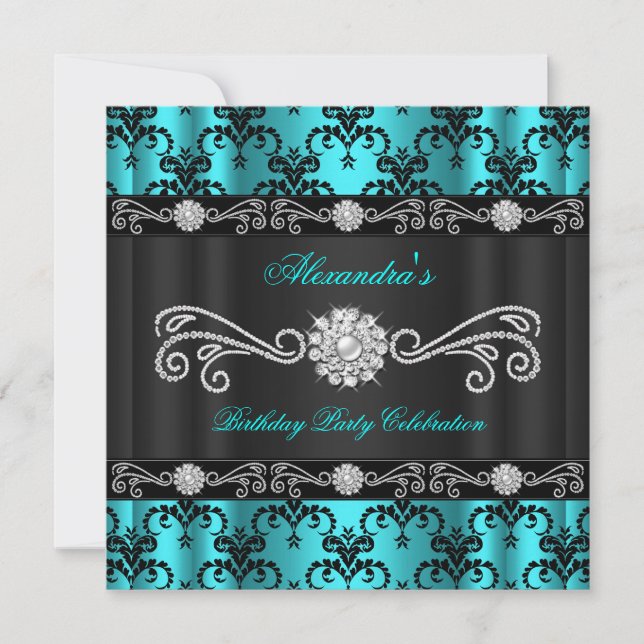 Elegant Teal Damask Black Diamond Birthday Party Invitation (Front)