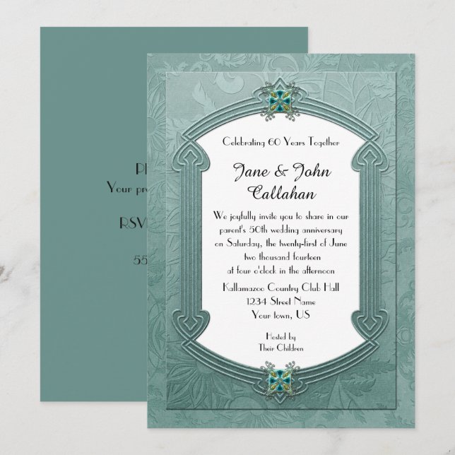 Elegant Teal Damask Jewels Anniversary Invitation (Front/Back)