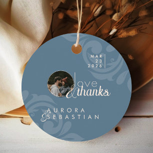 Elegant Teal Damask Photo Wedding Round Favour Tags