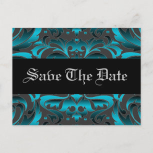 Elegant Teal Damask Scroll Save The Date Postcard