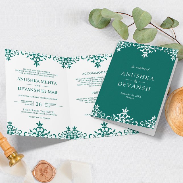 Elegant Teal Damask Traditional Indian Wedding Invitation (Creator Uploaded)