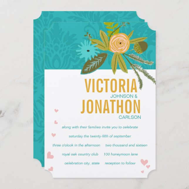 Elegant Teal Damask Turquoise Pink Gold Wedding Invitation (Front/Back)