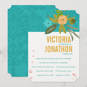 Elegant Teal Damask Turquoise Pink Gold Wedding Invitation