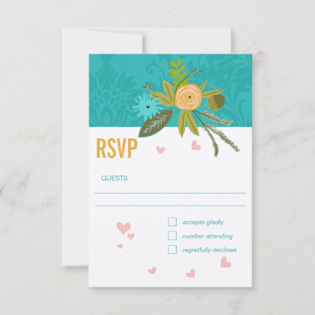 Elegant Teal Damask Turquoise Pink Gold Wedding  RSVP Card (Front)