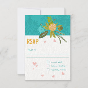 Elegant Teal Damask Turquoise Pink Gold Wedding RSVP Card