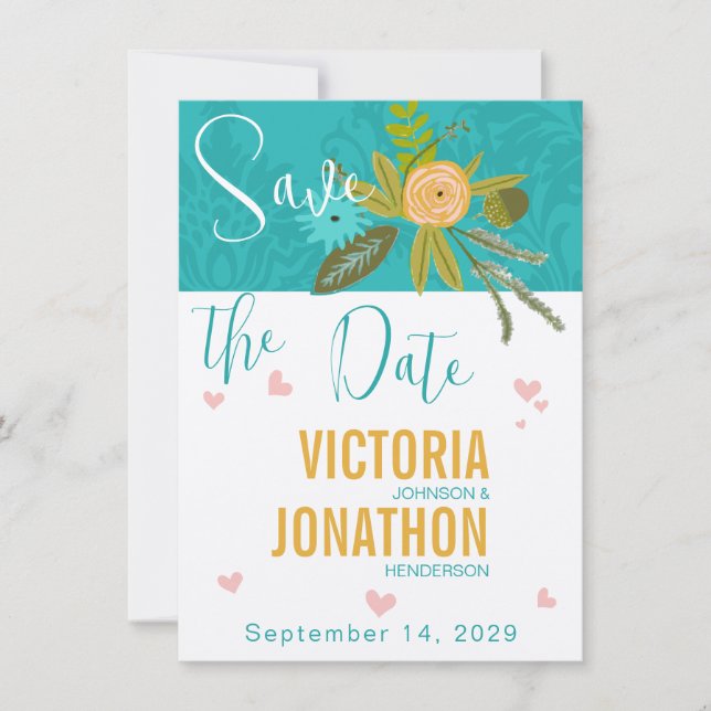 Elegant Teal Damask Turquoise Pink Gold Wedding Save The Date (Front)