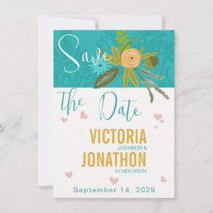 Elegant Teal Damask Turquoise Pink Gold Wedding Save The Date