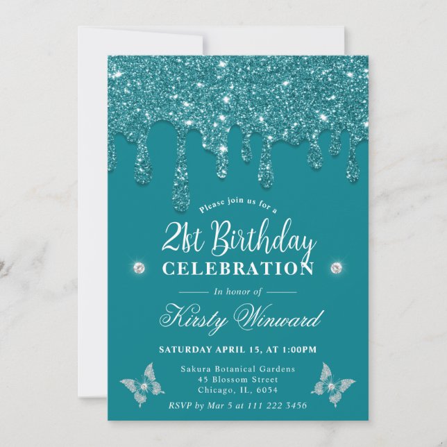 Elegant Teal Dripping Glitter 21st Birthday Invitation (Front)