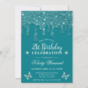 Elegant Teal Dripping Glitter 21st Birthday Invitation