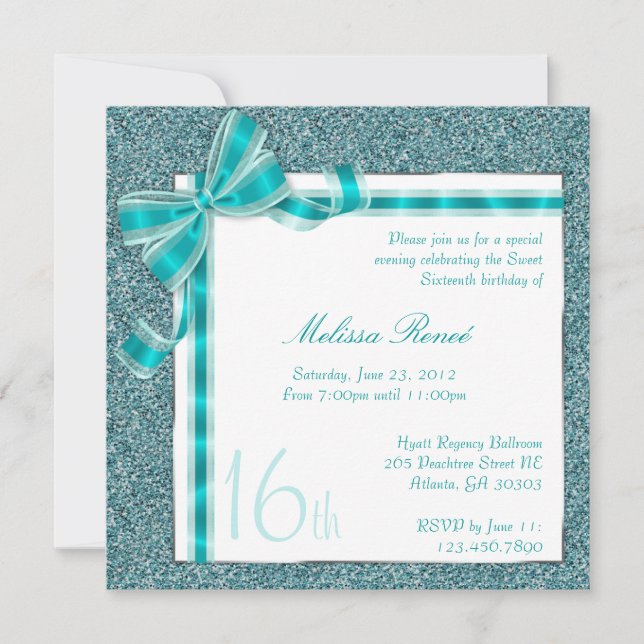 Elegant Teal Faux Glitter Invite with Bow (Front)