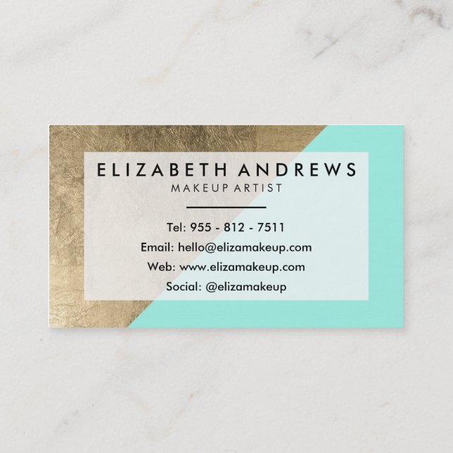 Elegant teal faux gold foil modern makeup artist business card (Back)