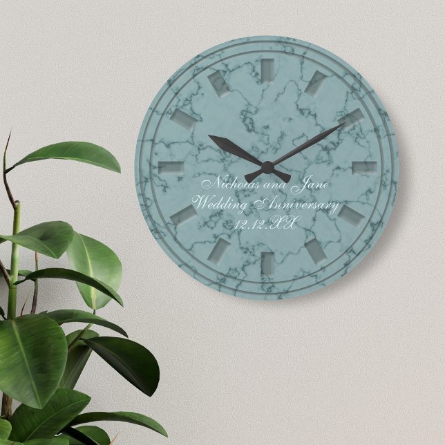 Elegant Teal Faux Marble Wedding Anniversary Clock (An elegant faux teal marble wedding anniversary clock with space for your names and wedding date)