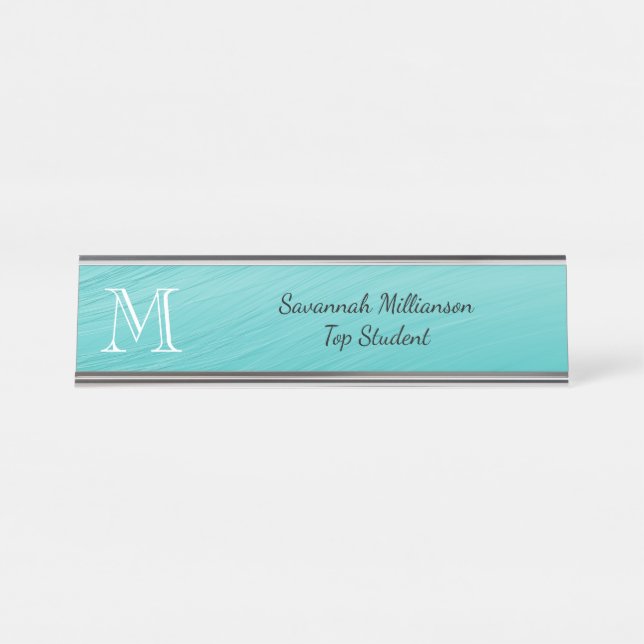 Elegant Teal Faux Metal Student Monogram Desk Name Plate (Front)