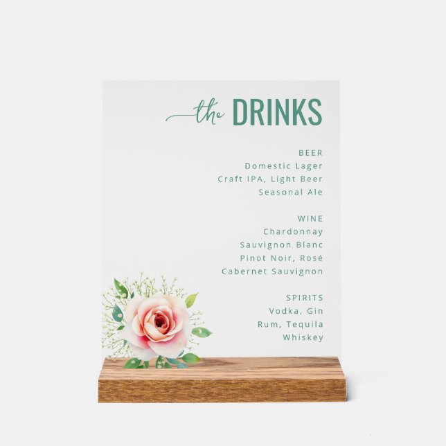 Elegant Teal Floral Beverage Menu Acrylic Sign (Front)