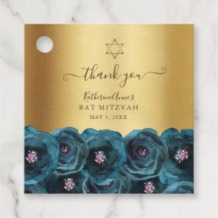Elegant Teal Floral Gold Bat Mitzvah Thank You Favour Tags