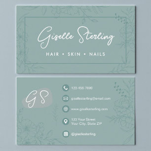 Elegant Teal Floral Line Art Professional Business Card