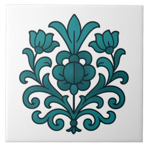 Elegant Teal Floral Mandala Stained Glass Tile