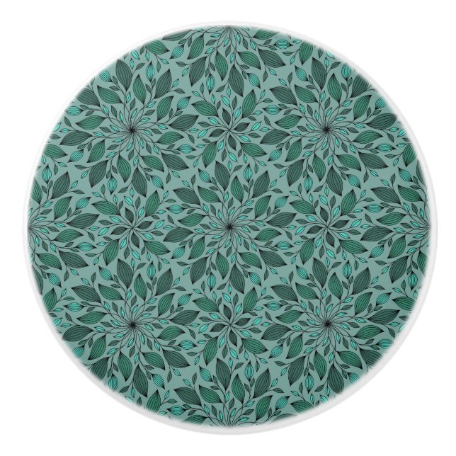 Elegant Teal Floral Pattern with Leaf Mandala  Ceramic Knob (Front)